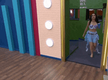 a woman walking through a doorway with a sign that says sin limites on the wall behind her
