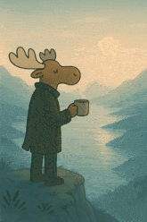 a moose is holding a cup of coffee while standing on a cliff overlooking a river