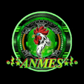 a logo with a rooster in a green circle and the word animes