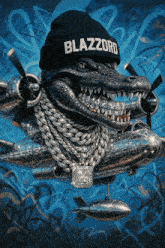 a drawing of a crocodile wearing a beanie that says blazzard on it