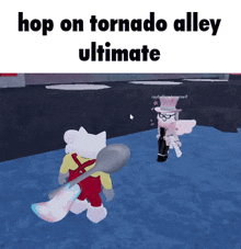 a cartoon character is holding a spoon and says " hop on tornado alley ultimate "
