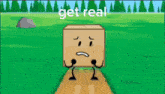 two wooden boxes with sad faces are standing next to each other with the words get real written on the bottom