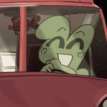 a cartoon character is driving a red car and smiling