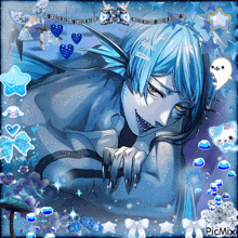 a picture of a blue haired anime character with the words picmix on the bottom right