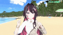 a girl with a flower in her hair is on the beach