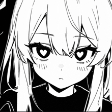 a black and white drawing of a girl with a heart in her eye