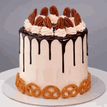a cake with pretzels and pecans on top of it