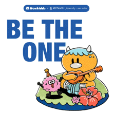 a monkiddo x monash university malaysia poster with a monster playing a guitar
