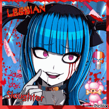 a picture of a girl with blue hair and the words lesbian slaughter on the bottom