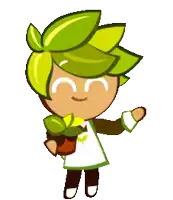 a cookie run character is holding a potted plant and flowers .