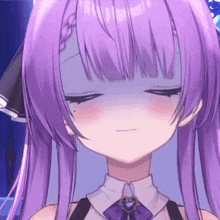 a close up of a purple haired anime girl with her eyes closed and a bow tie .