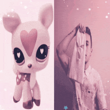 a stuffed animal with a heart on its face next to a man