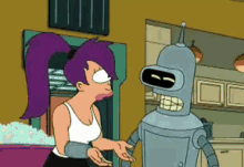 bender from futurama talking to a woman in a kitchen