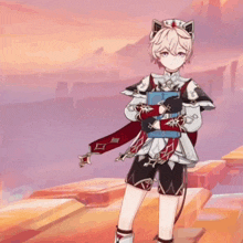 a cartoon character with cat ears is holding a book and a sword
