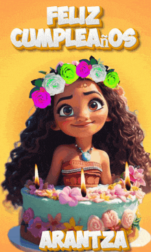 a cartoon girl with a flower crown on her head is on a birthday cake with the name arantza on it
