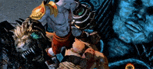 a video game character is fighting a monster with a blue background