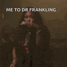 a woman singing into a microphone with the caption " me to dr frankling what 's under there ? "