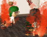 a cartoon character with green hair is standing in a room with red smoke coming out of the walls