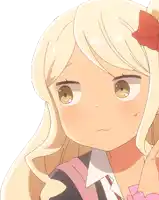 a girl with blonde hair and a red bow on her head