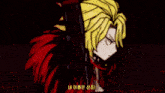 a cartoon character with yellow hair and red triangles behind him