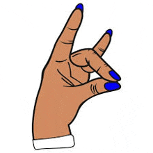 a woman 's hand with blue nail polish is making a devil horns sign .