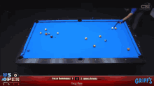 a pool table with oscar dominguez and james aranas playing