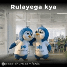 two penguins wearing peoplehum shirts are hugging