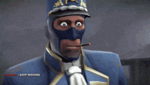a man in a blue uniform has a cigarette in his mouth and says keep moving in the lower right corner