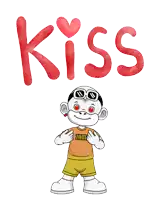 a cartoon character is surrounded by hearts and the word kiss is above him
