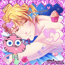 a picture of a boy with gumball and a cupcake with the words my love on it