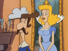 a man with a mustache and a woman in a blue dress stand next to each other