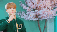 a young man wearing a green jacket with the letter d on the sleeve