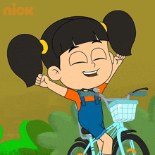 a cartoon of a girl riding a bike with the nick logo in the corner