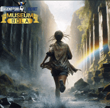 a poster for museum bola shows a woman running in the water