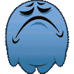 a blue cartoon ghost with a sad face on it 's face .