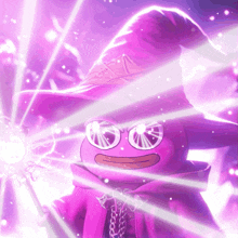 a cartoon character wearing a purple hat and cape is holding a magic wand
