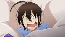 a cartoon of a boy laying in bed with his mouth open