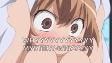 a close up of a girl with big eyes making a funny face while covering her head with her hands .