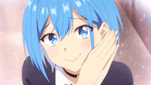 a girl with blue hair and blue eyes is smiling