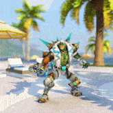 a video game character is standing on a beach with a gun in his hand