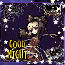 a picture of a girl with spiders and the words " good night "