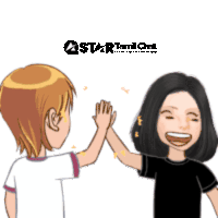a man and a woman are giving each other a high five