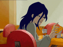 a cartoon of a woman holding french fries and a cup of soda