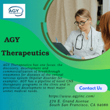 an ad for agy therapeutics shows a female doctor talking to a patient