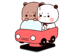 two cartoon bears are riding in a red toy car