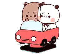 two cartoon bears are riding in a red toy car