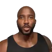 a man with a beard is wearing a black tank top and making a surprised face