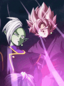a couple of anime characters standing next to each other with a purple light behind them
