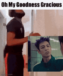 a man with purple hair is standing in front of a mirror with the caption " oh my goodness gracious "
