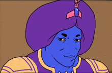 a cartoon drawing of a genie with a purple turban on his head